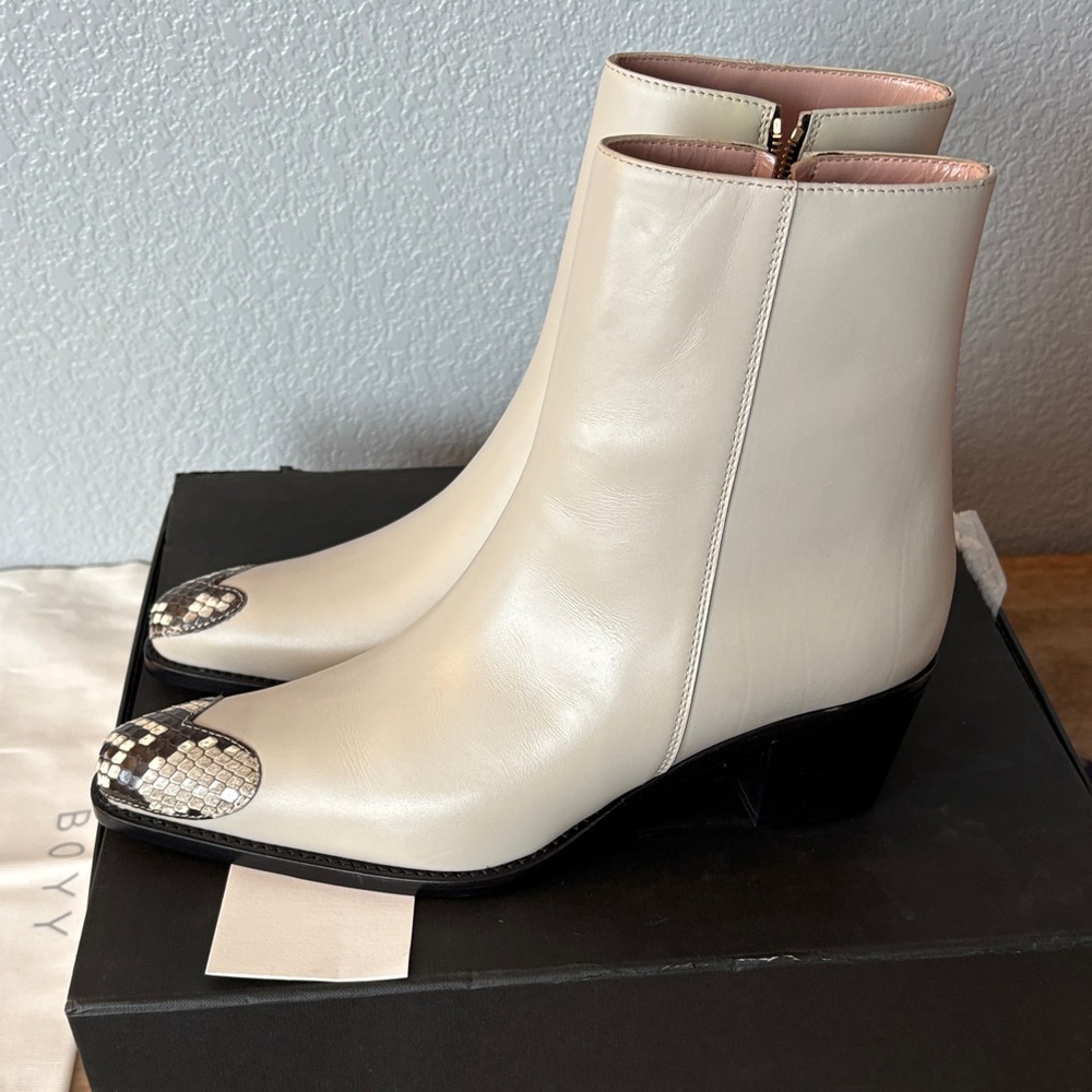 BOYY Ivory Ankle Boots with Snakeskin Accent